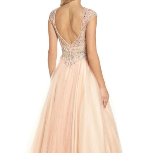 MAC DUGGAL CUTOUT BEADED BODICE BLUSH BALL-GOWN DrESS sz 14 - Picture 3 of 13
